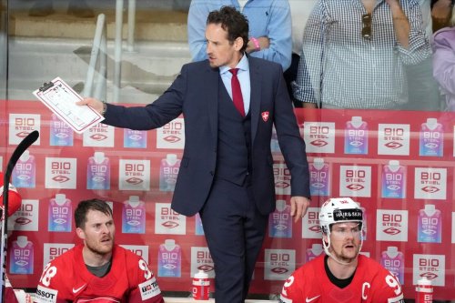 FILE -Head coach Patrick Fischer of Switzerland reacts during the group B match between Latvia and Switzerland at the ice hockey world championship in Riga, Latvia, May 23, 2023. (AP Photo/Roman Koksarov, File)