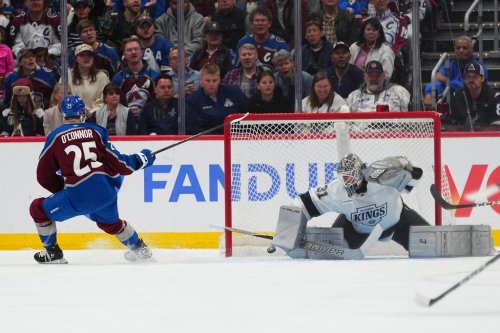 Colorado Avalanche right wing Logan O'Connor (25) scores against Los Angeles Kings goaltender Anton Forsberg (31) during the third period of Game 1 in the first round of the NHL hockey Stanley Cup playoffs, Sunday, April 19, 2026, in Denver. (AP Photo Jack Dempsey)