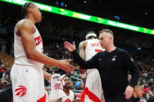 Toronto Raptors head coach Darko Rajakovic congratulates Scottie Barnes (4) during second-half NBA basketball action against the Miami Heat in Toronto on Tuesday, April 7, 2026. THE CANADIAN PRESS/Frank Gunn