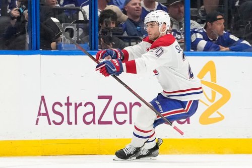 Montreal Canadiens left wing Juraj Slafkovsky (20) celebrates his goal against the Tampa Bay Lightning during overtime in Game 1 of a Stanley Cup first-round playoff series, Sunday, April 19, 2026, in Tampa, Fla. (AP Photo/Chris O'Meara)