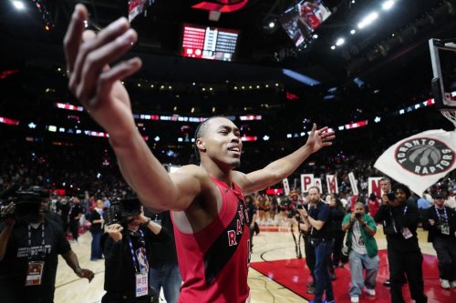 Toronto Raptors forward Scottie Barnes celebrates winning after the end of second half NBA playoff basketball action against Cleveland Cavaliers in Toronto on Sunday, April 26, 2026. THE CANADIAN PRESS/Frank Gunn