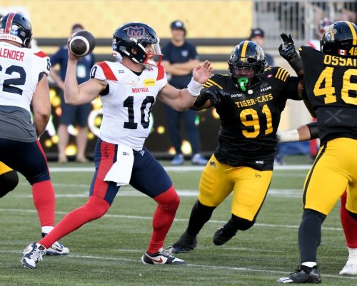 Montreal Alouettes' quarterback Davis Alexander (10) makes the throw against the Hamilton Tiger-Cats during first half CFL football action in Hamilton on Thursday, June 4, 2026. THE CANADIAN PRESS/Barry Gray