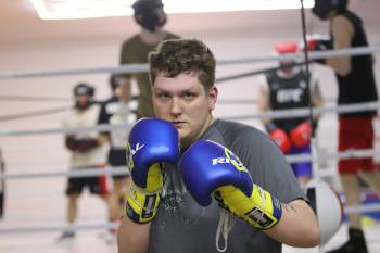 Ashton Day poses for a picture during a recent training session at the Brandon Fitness Combat Academy as he prepares to fight at The Spring Showdown, a boxing card which is being held on Saturday at the Victoria Inn&rsquo;s Imperial Ballroom. The young Newfoundlander is making his boxing debut. (Perry Bergson/The Brandon Sun)
                                April 23, 2026