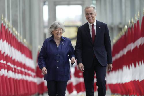 Prime Minister Mark Carney walks with Louise Arbour to announce the new governor general during an event in Ottawa on Tuesday. (The Canadian Press)