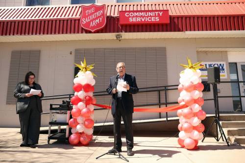 Neepawa Mayor Brian Hedley speaks during the grand opening of the Neepawa Salvation Army's expanded Community Services Centre on Wednesday. The facility includes offices, an expanded food bank and community kitchen, and spaces for workshops and events. (Tim Smith/The Brandon Sun)