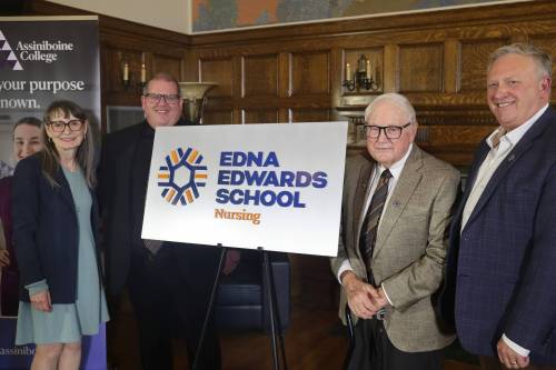 Assiniboine College hosted a renaming ceremony for its school of nursing on Wednesday after receiving a $4-million donation to honour the legacy of Edna Edwards, a former nurse. From left: Suzanne Nicolas, dean of the Edna Edwards School of Nursing; Mark Frison, president of Assiniboine College; Russ Edwards; and Derrick Turner, the college's vice-president of advancement. (Tessa Adamski/The Brandon Sun)