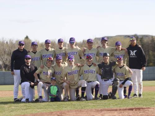 The Vincent Massey Vikings pose after defeating the Crocus Plainsmen and Neelin Spartans to take home the city high school baseball championship at Andrews Field on Saturday. The Vikings are now set to play against the winner of the Zone 2 bracket in Portage la Prairie on Thursday, May 28, with the winner earning a spot at provincials in Selkirk in June. (Massimo De Luca-Taronno/The Brandon Sun)