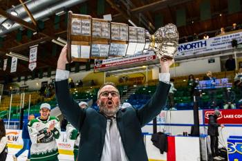 Everett Silvertips general manager Mike Fraser of Brandon hoists the Ed Chynoweth Cup after the Silvertips beat the Prince Albert Raiders 7-2 in Game 5 of the Western Hockey League final at the Art Hauser Centre to win the championship. (Mark Peterson/Prince Albert Raiders) May 15, 2026