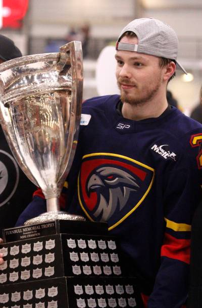 Stonewall&rsquo;s Hayden Wheddon poses with the Turnbull Cup after the Nighthawks won their first-ever Manitoba Junior Hockey League title at Tundra Oil & Gas Place on April 23. Wheddon and Niverville swept the Virden Oil Capitals in four games. (Massimo De Luca-Taronno/The Brandon Sun)