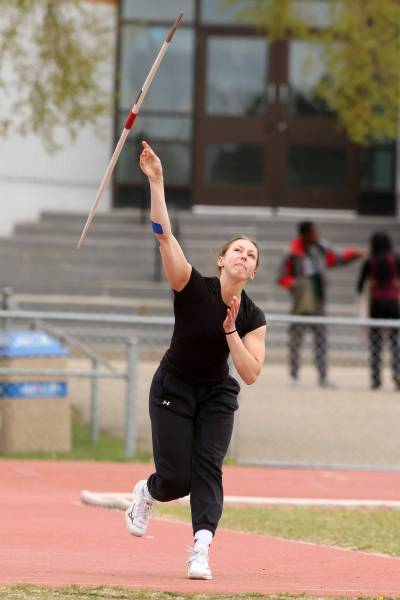 Vincent Massey's Caitlan Nickel won all three varsity girls throwing events at the high school track and field city championships at UCT Stadium in Brandon on Tuesday. (Tim Smith/The Brandon sun)
