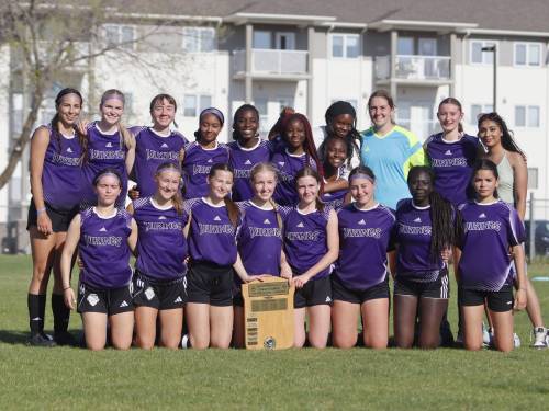 The Vincent Massey Vikings after taking home their 10th consecutive Brandon High School Soccer League girls championship at Massey on Tuesday afternoon. (Massimo De Luca-Taronno/The Brandon Sun)