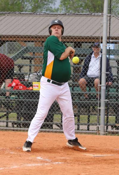 Southeast Express hitter Jason Waldbauer (15) of Melville, Sask., winces after getting hit by a pitch during a game against the Borderline Legends in Westman Border 50-plus Twilight Fastball League action at Ashley Neufeld Softball Complex on Saturday. (Perry Bergson/The Brandon Sun)
May 30, 2026