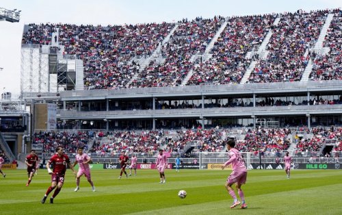 Fans watch from temporary stands at BMO Field, which were built to accommodate more fans for the 2026 World Cup, during first half MLS soccer between Toronto FC and Inter Miami CF, in Toronto on Saturday, May 9, 2026. THE CANADIAN PRESS/Frank Gunn