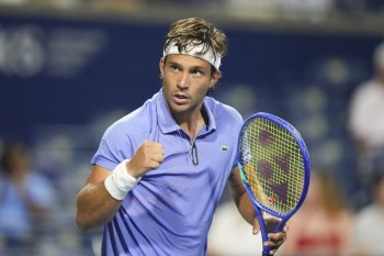 Canada's Alexis Galarneau reacts during his match against France's Arthur Rinderknech during first round tennis action at the National Bank Open in Toronto on Monday, July 28, 2025. THE CANADIAN PRESS/Chris Young