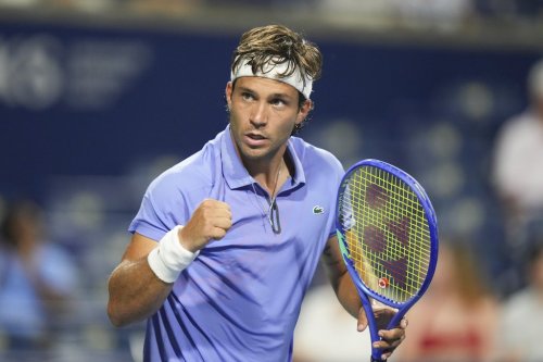 Canada's Alexis Galarneau reacts during his match against France's Arthur Rinderknech during first round tennis action at the National Bank Open in Toronto on Monday, July 28, 2025. THE CANADIAN PRESS/Chris Young