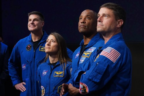 From left, NASA's Artemis II astronauts Jeremy Hansen, Christina Koch, Victor Glover and Reid Wiseman prepare to ring the closing bell at the Nasdaq MarketSite in New York on Thursday, April 30, 2026. (AP Photo/Richard Drew)