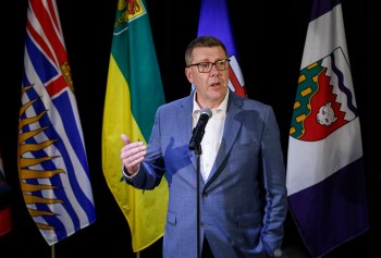 Saskatchewan Premier Scott Moe speaks to the media at a meeting of western premiers in Kananaskis, Alta., Monday, May 25, 2026. THE CANADIAN PRESS/Jeff McIntosh