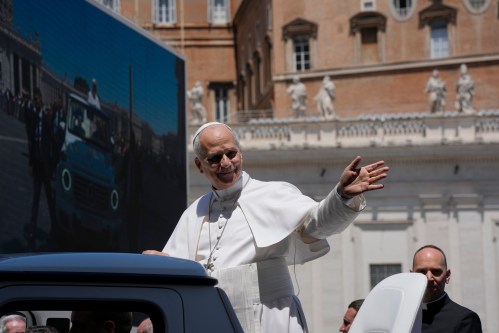 Pope Leo XIV waves as he leaves after his weekly general audience in St. Peter's Square at The Vatican, Wednesday, May 27, 2026. (AP Photo/Alessandra Tarantino)