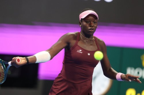 Canada's Victoria Mboko returns to Czech Republic's Karolina Muchova during the Qatar Open tennis final in Doha, Qatar, on Saturday, Feb. 14, 2026. (AP Photo/Hussein Sayed)