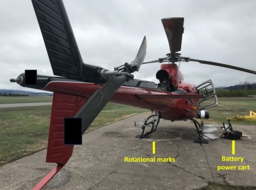 A helicopter involved in a fatal accident at Smithers Airport in Smithers, B.C., on May 6, 2023, is shown in this handout photo from the Transportation Safety Board report on the accident. THE CANADIAN PRESS/Handout — TSB, Smithers RCMP (Mandatory Credit)