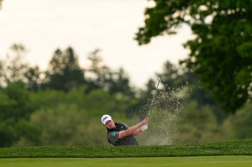 Maverick McNealy hits from the third fairway during the second round of the PGA Championship golf tournament at Aronimink Golf Club, Friday, May 15, 2026, in Newtown Square, PA. (AP Photo/Matt Slocum)