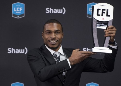 Hamilton Tiger-Cats receiver Brandon Banks poses with the trophy for the most outstanding player award at the CFL Awards during the CFL's Grey Cup week in Calgary, Thursday, Nov. 21, 2019. THE CANADIAN PRESS/Nathan Denette