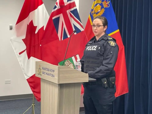 RCMP Cpl. Emmie Clements speaks to media on Monday. (Mikaela MacKenize / Free Press)