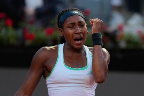 United States' Coco Gauff reacts as she plays against Ukraine's Elina Svitolina during their women's final match at the Italian Open tennis tournament in Rome, Saturday, May 16, 2026. (AP Photo/Alessandra Tarantino)