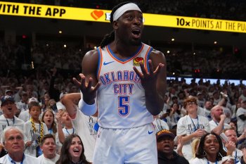 Oklahoma City Thunder guard Luguentz Dort (5) reacts to a foul in the second half of Game 5 in the Western Conference finals NBA basketball playoffs series against the San Antonio Spurs, Tuesday, May 26, 2026, in Oklahoma City. (AP Photo/Julio Cortez)