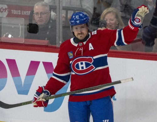 Montreal Canadiens' Brendan Gallagher (11) reacts as he is acknowledged for his 900th NHL game during first period NHL hockey action against the Boston Bruins in Montreal on Tuesday, March 17, 2026. THE CANADIAN PRESS/Christinne Muschi