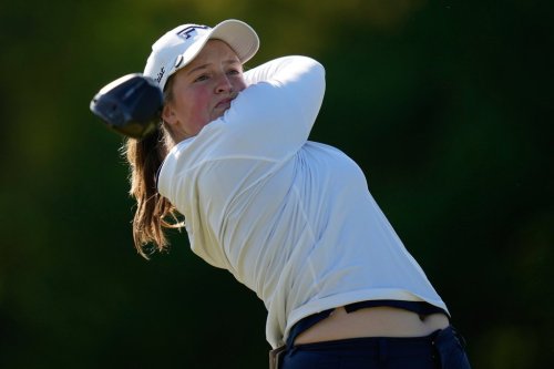 Lottie Woad, of England, hits off the third tee during the first round of the Mizuho Americas Open LPGA golf tournament, Thursday, May 7, 2026, in West Caldwell, N.J. (AP Photo/Seth Wenig)