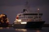 The hantavirus-stricken cruise ship MV Hondius is seen at anchor after arriving at the port of Granadilla in Tenerife, Canary Islands, Spain, Sunday, May 10, 2026. (AP Photo/Manu Fernandez)