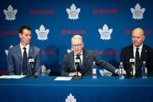 New Toronto Maple Leafs General Manager John Chayka, left to right, MLSE President and CEO Keith Pelley, and new Toronto Maple Leafs Senior Executive Advisor, Hockey Operations, Mats Sundin, hold a press conference in Toronto on Monday, May 4, 2026. THE CANADIAN PRESS/Arlyn McAdorey