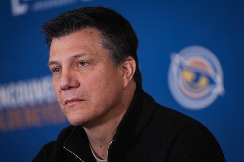 Vancouver Goldeneyes head coach Brian Idalski listens during the PWHL hockey team's end of season news conference, in Vancouver, on Monday, April 27, 2026. THE CANADIAN PRESS/Darryl Dyck