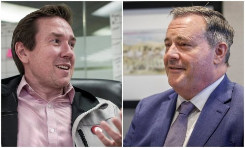 A composite image made from two file photographs shows Liberal MP Corey Hogan, left, during an interview in Calgary, Tuesday, April 29, 2025, and former Alberta premier Jason Kenney during an interview in Calgary, Thursday, Sept. 11, 2025. THE CANADIAN PRESS/Jeff McIntosh