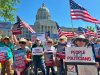 Protesters against a Missouri congressional redistricting plan gather outside the Missouri Capitol on Tuesday, May 12, 2026, in Jefferson City, Mo. (AP Photo/David A. Lieb)