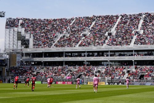 Fans watch from temporary stands at BMO Field, which were built to accommodate more fans for the 2026 World Cup, during first half MLS soccer between Toronto FC and Inter Miami CF, in Toronto on Saturday, May 9, 2026. THE CANADIAN PRESS/Frank Gunn