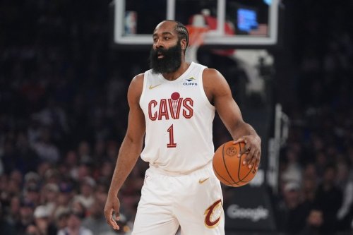 FILE - Cleveland Cavaliers' James Harden during the first half of Game 2 in the Eastern Conference finals NBA basketball playoffs series against the New York Knicks, May 21, 2026, in New York. (AP Photo/Frank Franklin II, File)