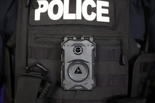 The Brandon Police Service displays a body-worn video camera during a press event at BPS Headquarters on Victoria Avenue on Monday. BPS is beginning the implementation of the cameras for approximately 65 officers. (Tim Smith/The Brandon Sun)