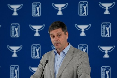 FILE - PGA Tour CEO Brian Rolapp speaks at the Tour Championship golf tournament, Wednesday, Aug. 20, 2025, in Atlanta. (AP Photo/Mike Stewart, File)
