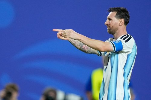 Argentina's Lionel Messi reacts after scoring his third goal during the World Cup Group J soccer match between Argentina and Algeria in Kansas City, Mo., Tuesday, June 16, 2026. (AP Photo/Charlie Riedel)