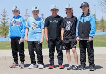 Defenceman Astor Corbett of Virden, goalie Johnny Henderson of Reston, forward Connor Hanska of Birdtail Sioux, defenceman Ryder Henderson of Reston and forward Kasey Calvert of Brandon are shown outside J&G Homes Arena on Sunday after practising with their Manitoba Junior Ice squad. (Perry Bergson/The Brandon Sun)