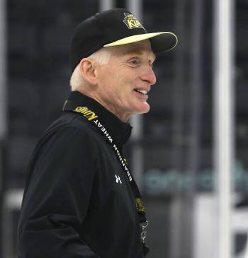 Former Brandon Wheat Kings assistant coach Del Pedrick smiles at a player during practice at Assiniboine Credit Union Place last season.(Perry Bergson/The Brandon Sun) June 3, 2026