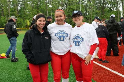 Ky Solomon of Shoal Lake, Naomi McKay of Waywayseecappo and Kendall Charles of Virden pose for a picture after North Dakota State College of Science won the National Junior College Athletic Association&rsquo;s Division 3 national championship on a chilly and wet May 25 in Syracuse, N.Y. (Submitted)