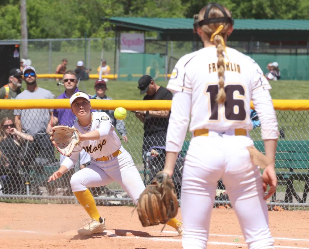 Westman Magic second baseman Mya Duncan-Gagnon, who was over covering first base, waits for the throw to arrive as pitcher Callie Franklin looks on during the Wheat City Classic' under-17 bronze medal game against the Twin City Angels at the Ashley Neufeld Softball Complex on Sunday. Duncan-Gagnon then fired the ball to second for a tidy double play but the Angels emerged with a 4-1 victory. (Perry Bergson/The Brandon Sun) June 14, 2026