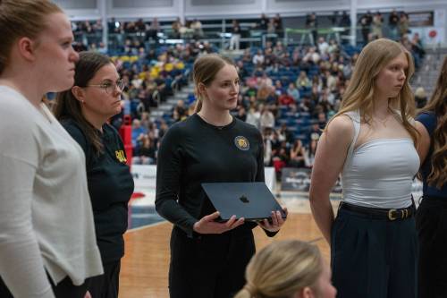 Ashley Hosfeld, centre, was named Volleyball Manitoba&rsquo;s Mary Jean England elite coach of the year for the 2025-26 season. Hosfeld assistant coached the Brandon University women while head coaching the Brandon Volleyball Club 18U girls. (Photo courtesy Bobcat Athletics)