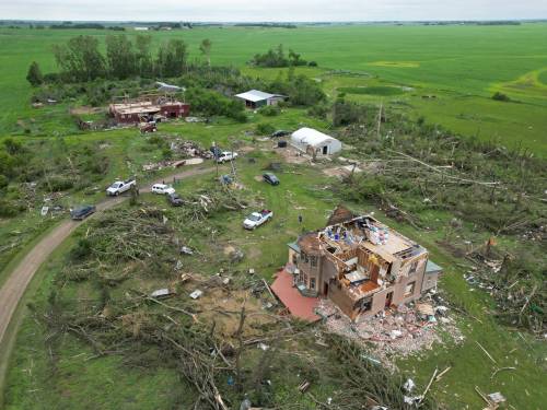 The devastation to the home and property belonging to Brian and Bernadine Brown south of Rossburn is visible on Monday after a powerful tornado hit the property on Sunday. The couple only received a notification of the tornado after it struck. (Tim Smith/The Brandon Sun)