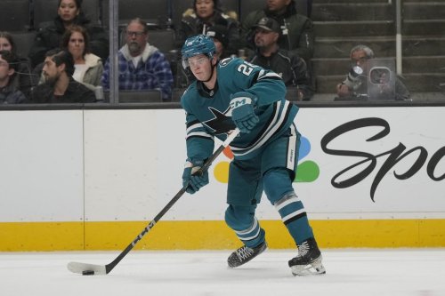 San Jose Sharks defenseman Jack Thompson during an NHL hockey game against the Montreal Canadiens in San Jose, Calif., Tuesday, Feb. 4, 2025. (AP Photo/Jeff Chiu)