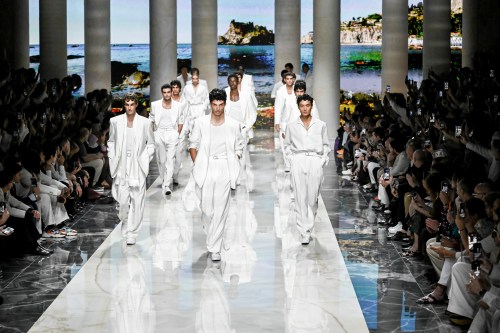 Models wear creations from the Dolce & Gabbana Spring/Summer 2027 Men's collection presented in Milan, Italy, Saturday, June 20, 2026. (AP Photo/Nicola Marfisi)
