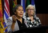 Green Party Leader Elizabeth May looks on as Sen. Rosa Galvez speaks during a news conference on Parliament Hill in Ottawa on Wednesday, June 17, 2026. THE CANADIAN PRESS/Adrian Wyld